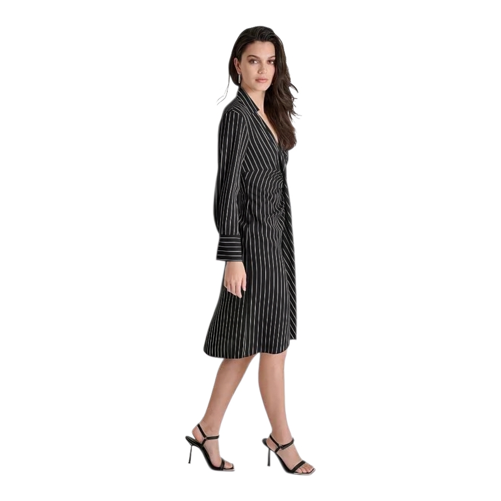 DKNY Women's Striped Twist-Front Collared Dress Black Size 4 - Picture 3 of 5